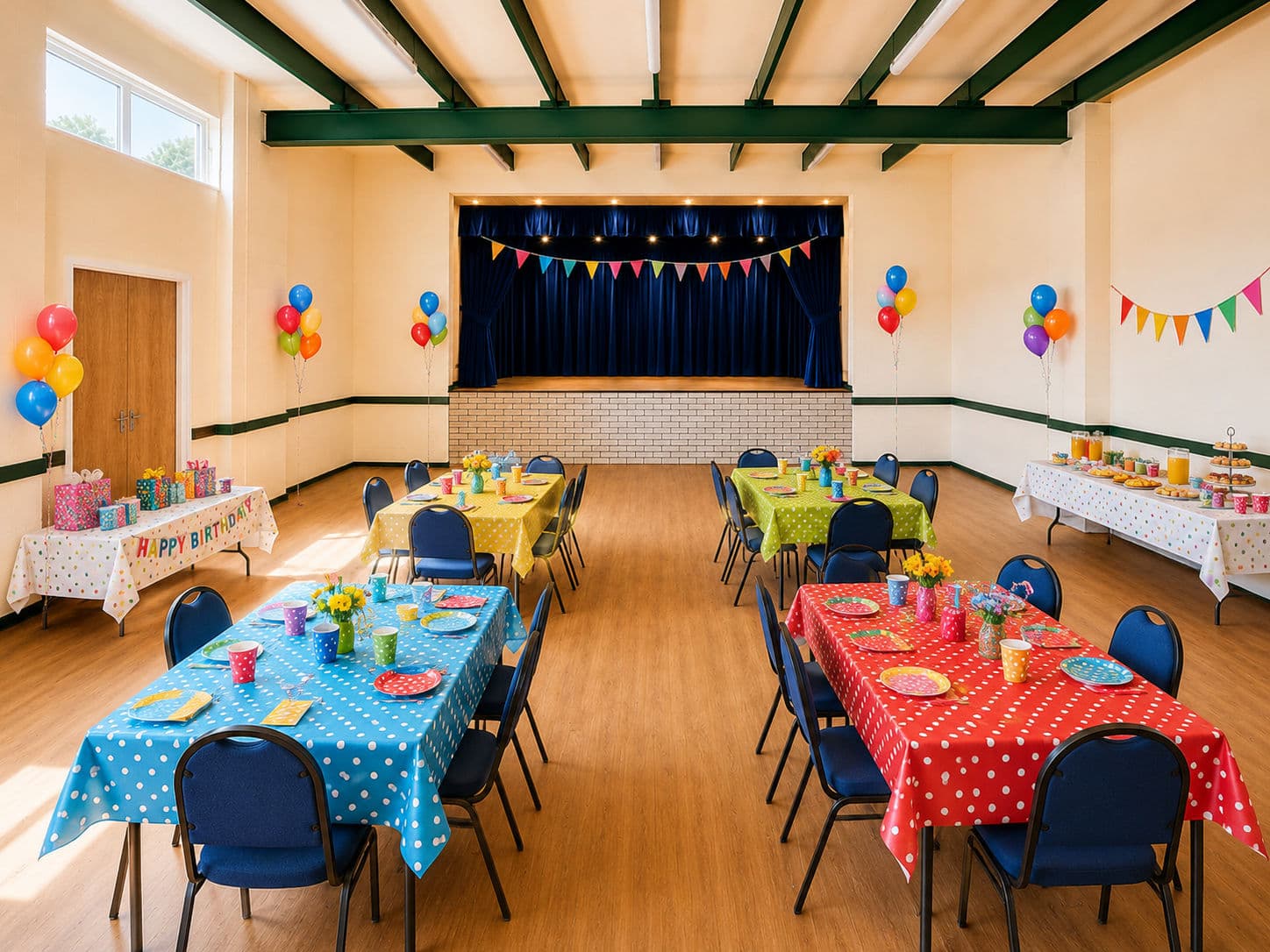 The hall set up with tables and chairs for a celebration